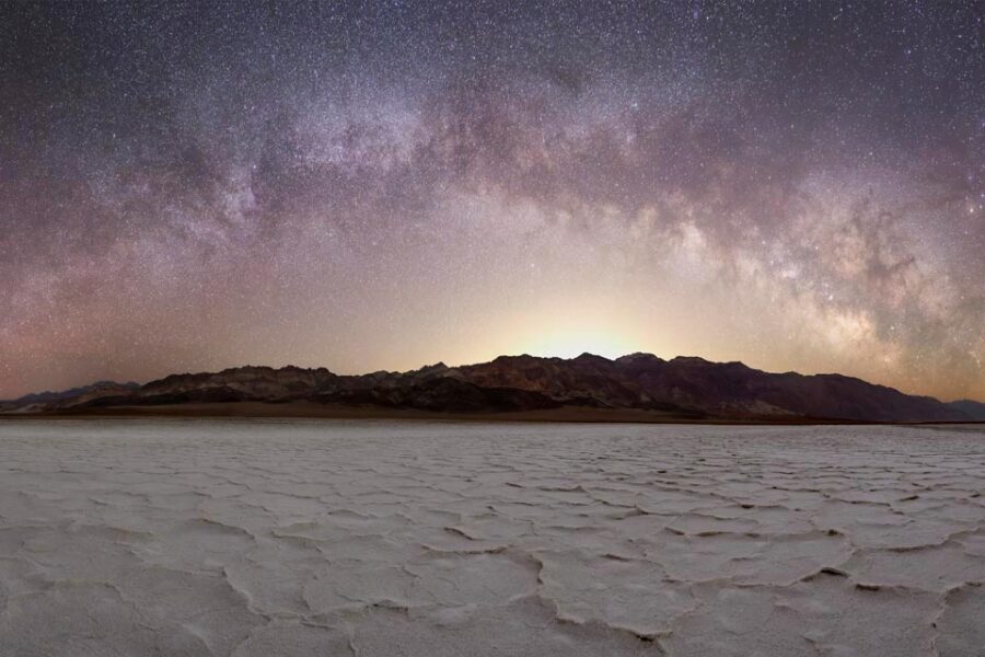 Badwater Basin salt polygons under low moonlight, Death Valley