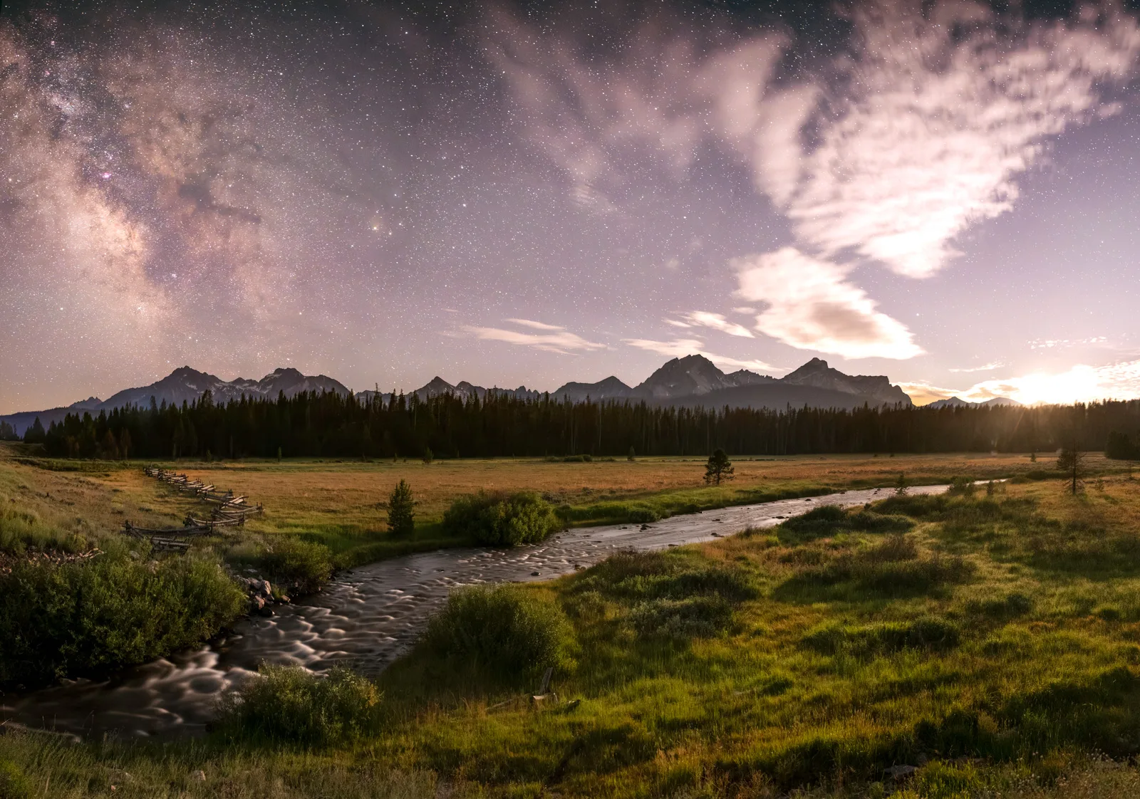 Milky Way photography with moonlight illuminating the foreground landscape