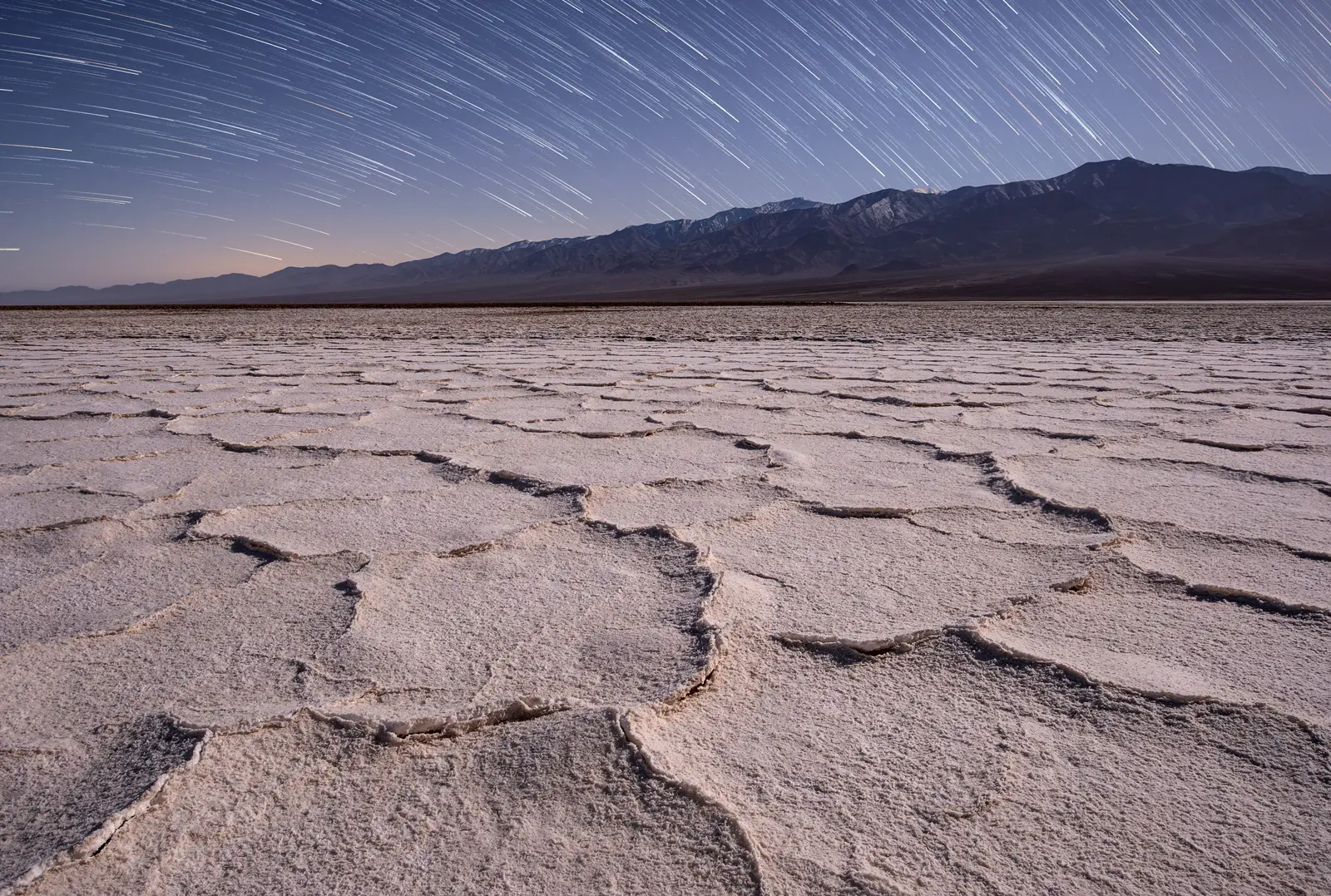 Devil's Golf Course cracked salt textures under moonlight, Death Valley
